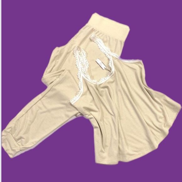 Victoria’s Secret Ribbed Cami Tank & pants lightweight pajama set champagne M - Picture 4 of 5